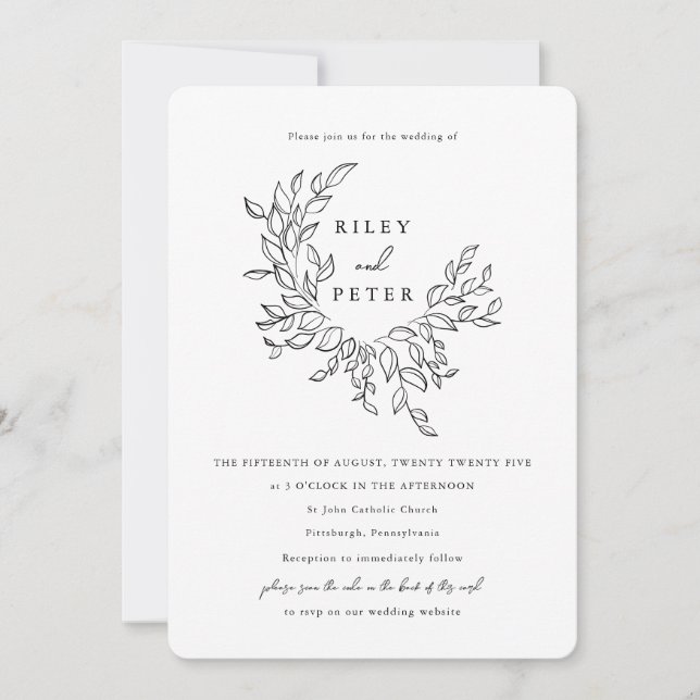 Invitación Elegante Escudo Botánico con Código de RSVP Boda (Anverso)