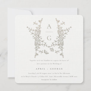 Invitación Elegante Escudo Botánico Simple Monograma Boda