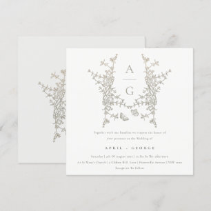Invitación Elegante Escudo Botánico Simple Monograma Boda