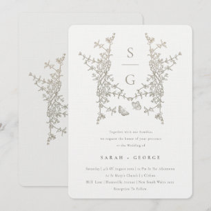 Invitación Elegante Escudo Botánico Simple Monograma Boda