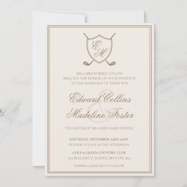 Invitación Elegante Escudo clásico Monograma Boda de golf (Anverso)