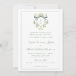 Invitación Elegante Escudo con Sage Green Bow | Boda de monog