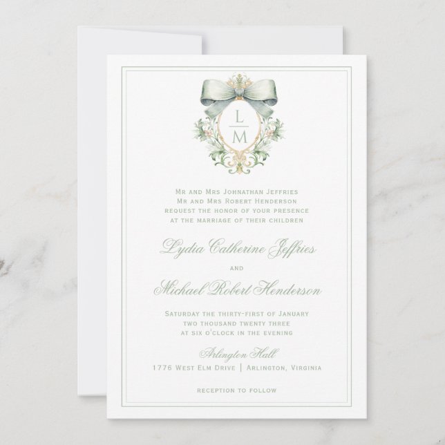 Invitación Elegante Escudo con Sage Green Bow | Boda de monog (Anverso)
