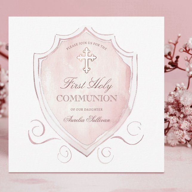Invitación Elegante Escudo de acuarela rosa primera comunión (Subido por el creador)