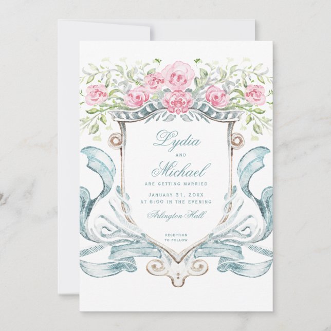 Invitación Elegante Escudo de bodas con Rosas | Monograma (Anverso)