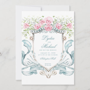Invitación Elegante Escudo de bodas con Rosas   Monograma