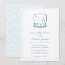 Elegante Escudo de Bodas en Acuarela Azul y Blanco