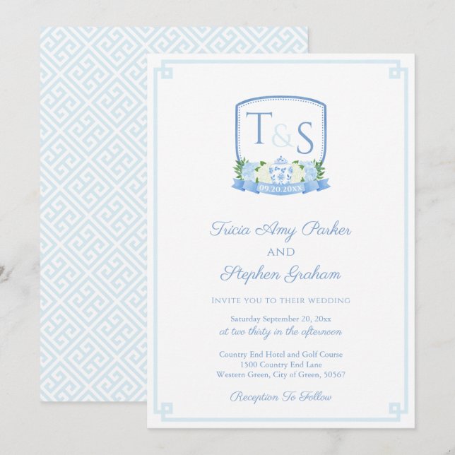 Invitación Elegante Escudo de Bodas en Acuarela Azul y Blanco (Anverso / Reverso)