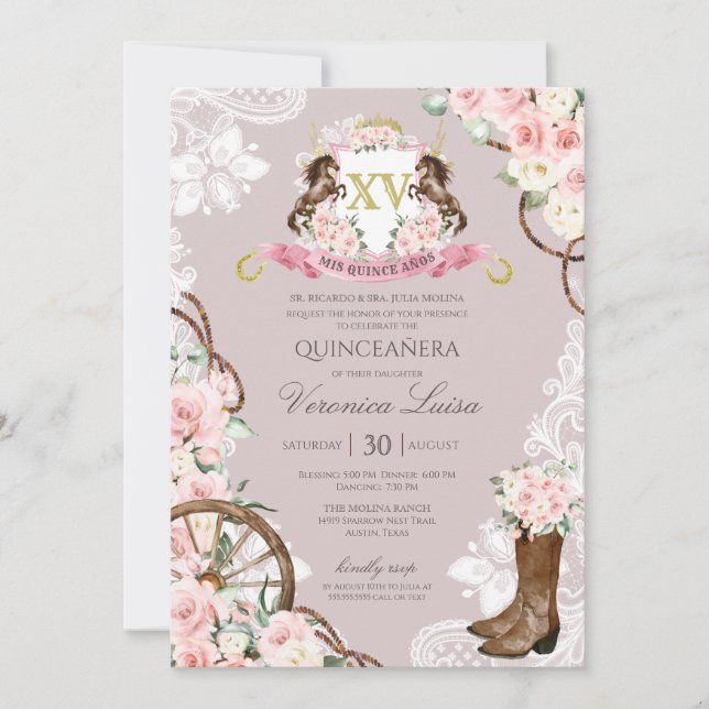 Invitación Elegante Escudo de caballos Charro Gris Rosa Quinc (Anverso)