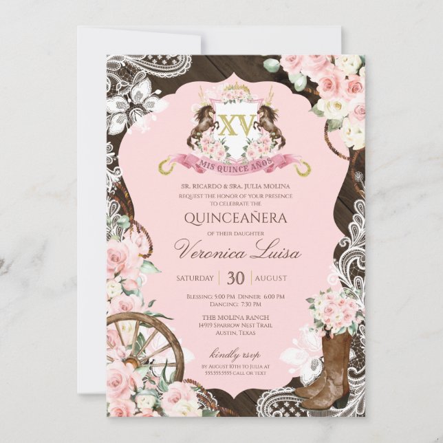 Invitación Elegante Escudo de caballos Rústico Charro Rosa Qu (Anverso)