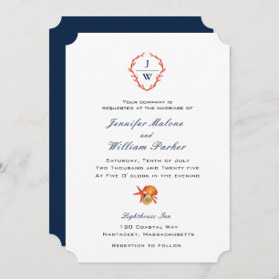 Invitación Elegante escudo de Coral con boda inicial en la pl