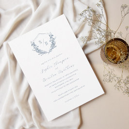 Invitación Elegante Escudo de Floral Azul Dusty Monograma Bod