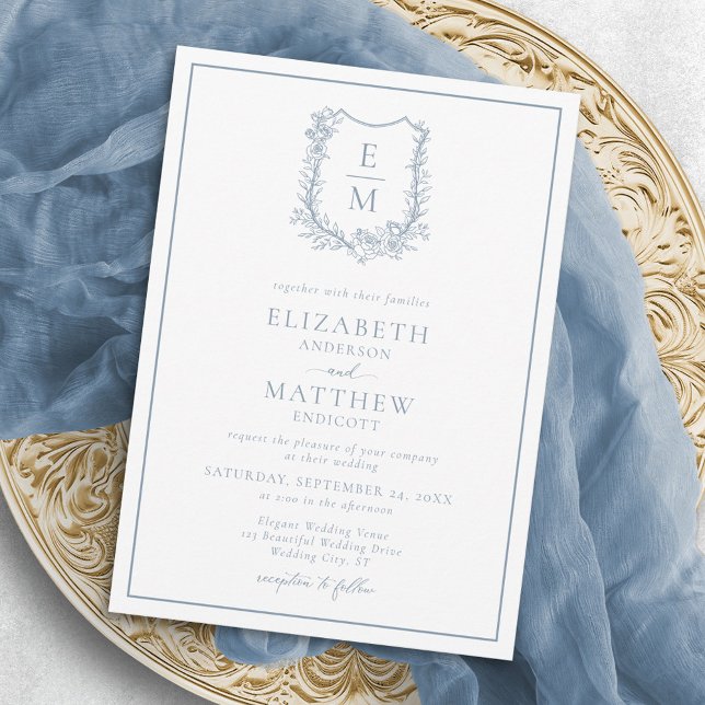 Invitación Elegante Escudo de Floral Azul Dusty Monograma Bod (Subido por el creador)