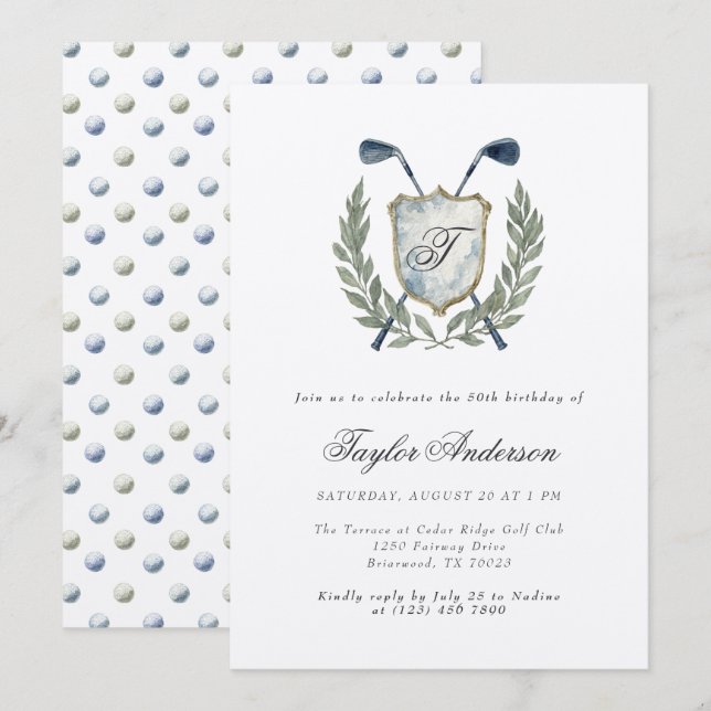 Invitación Elegante Escudo de golf Monograma Fiesta de Cumple (Anverso / Reverso)