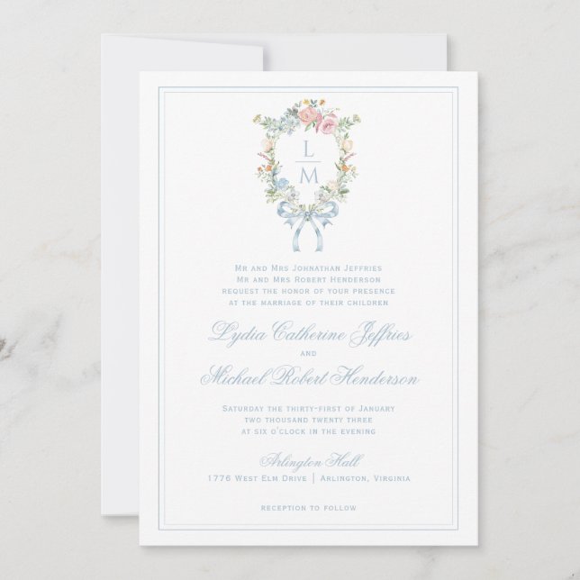Invitación Elegante Escudo de guirnaldas florales | Boda de m (Anverso)