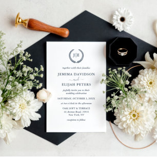 Invitación Elegante Escudo de monograma de guión Wreath Boda