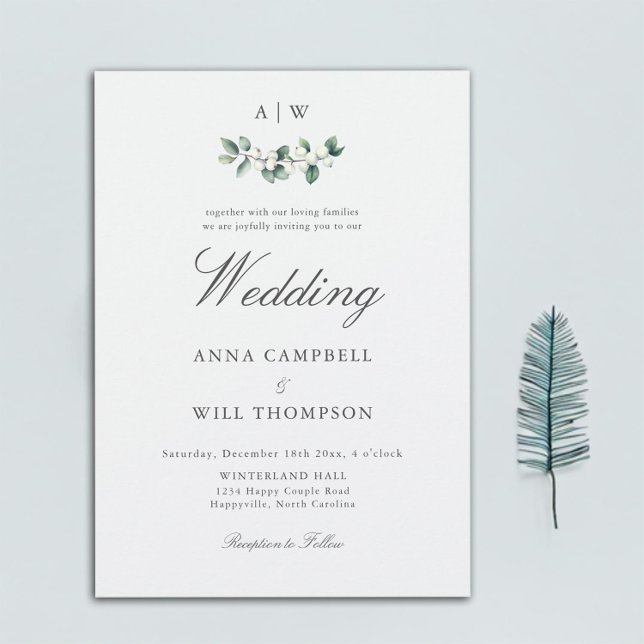 Invitación Elegante Escudo de Snowberry clásico Boda de Invie (winter wedding invitation monogram crest watercolor snowberry modern classic elegant traditional)