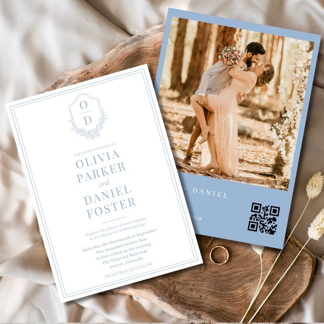 Invitación Elegante Escudo Dusty Blue QR Code Boda de fotogra (Subido por el creador)