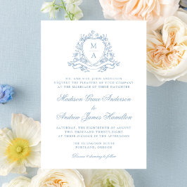 Invitación Elegante Escudo Floral Azul Monograma Boda
