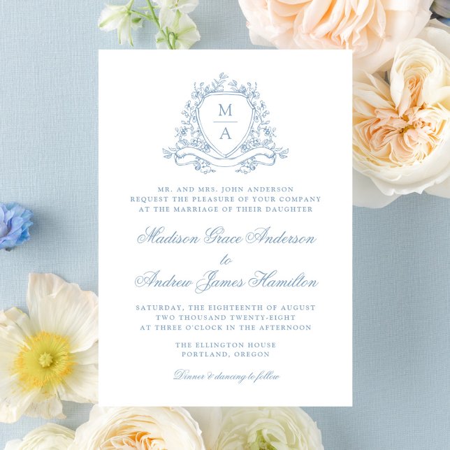 Invitación Elegante Escudo Floral Azul Monograma Boda (Subido por el creador)