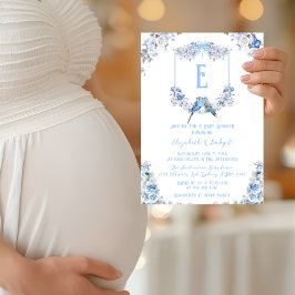 Invitación Elegante Escudo floral azul turbio Bow Baby Shower