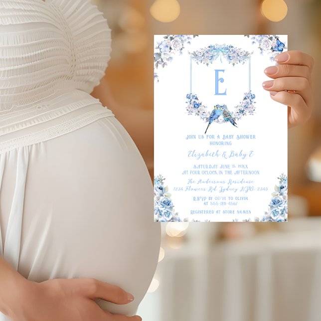 Invitación Elegante Escudo floral azul turbio Bow Baby Shower (Subido por el creador)