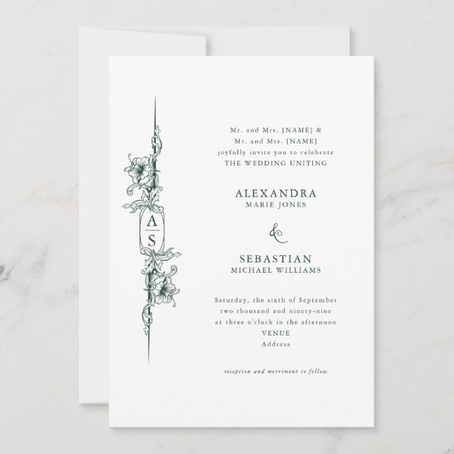 Invitación Elegante Escudo floral barroco Boda verde esmerald (Anverso)