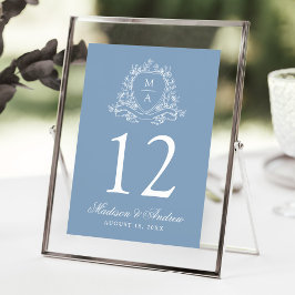 Invitación Elegante Escudo Floral Boda azul número de tabla