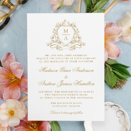 Invitación Elegante Escudo floral dorado Monograma Boda