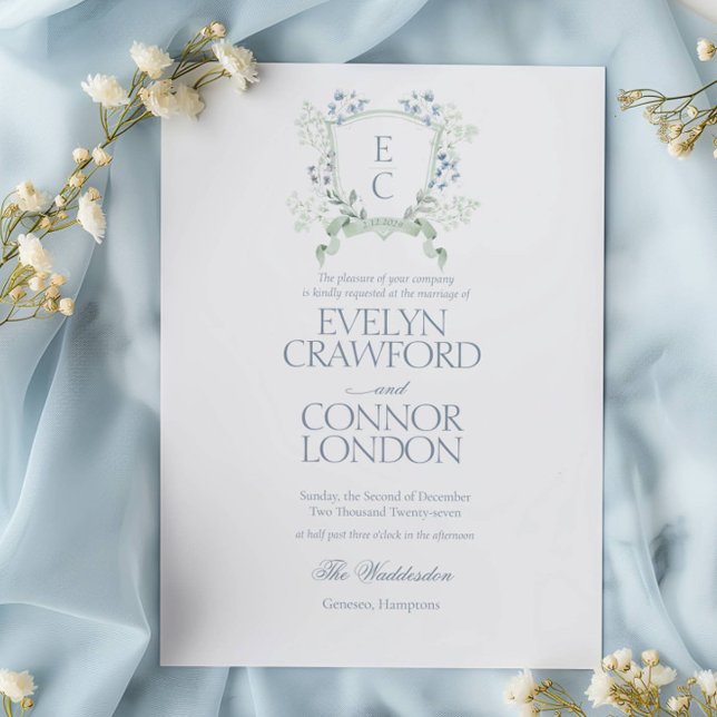 Invitación Elegante Escudo floral  Dusty Blue Script Boda (Subido por el creador)