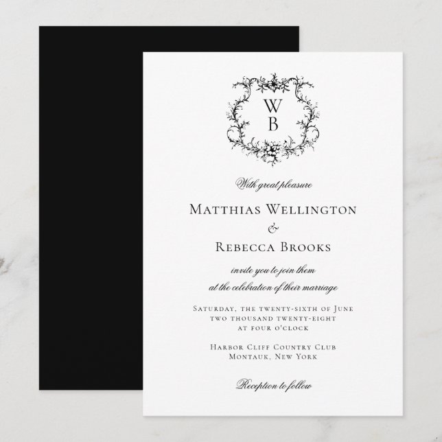 Invitación Elegante Escudo floral Monograma Boda (Anverso / Reverso)