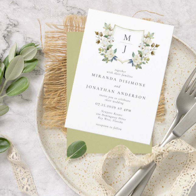 Invitación Elegante Escudo floral verde Monograma Boda (Subido por el creador)