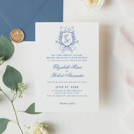 Invitación Elegante Escudo Monograma Azul Boda tradicional