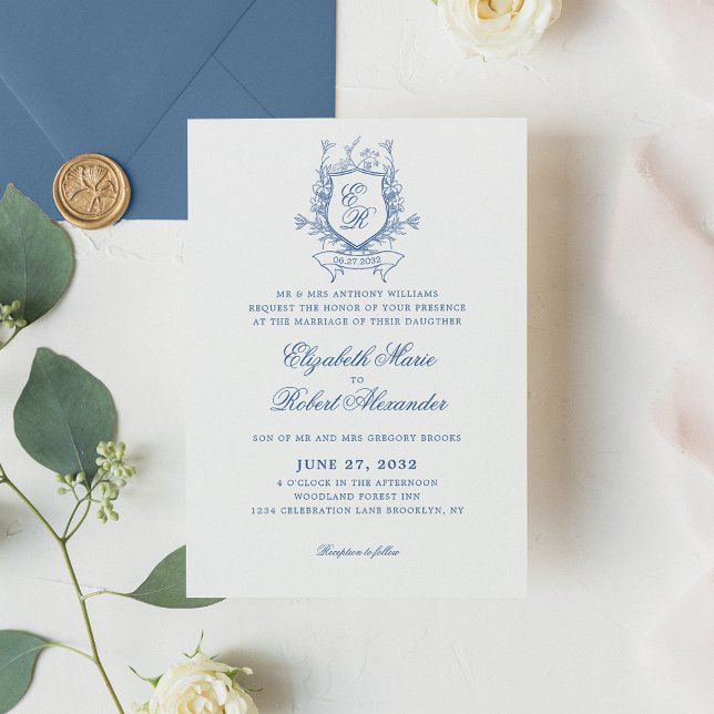Invitación Elegante Escudo Monograma Azul Boda tradicional (Subido por el creador)