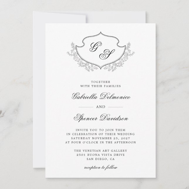 Invitación Elegante Escudo Monograma Boda blanco negro (Anverso)