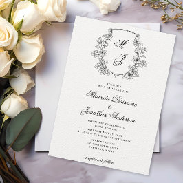 Invitación Elegante Escudo Monograma Boda blanco negro