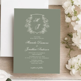Invitación Elegante Escudo Monograma Boda Sage Green