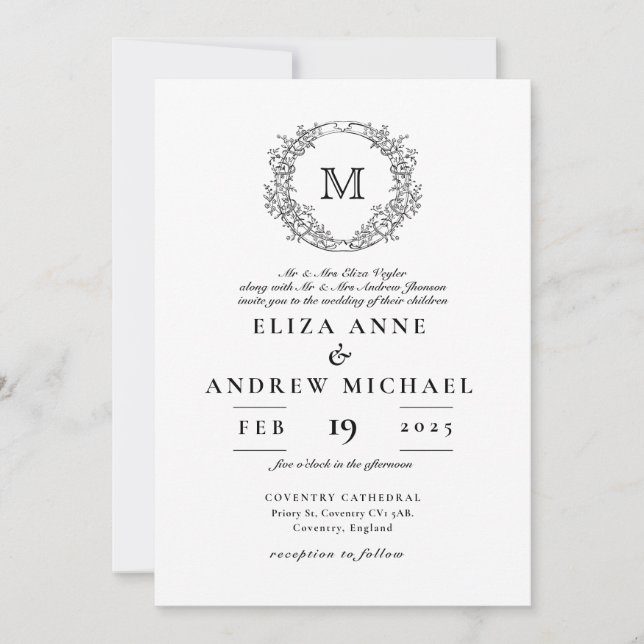 Invitación Elegante Escudo Monograma Boda Vintage (Anverso)