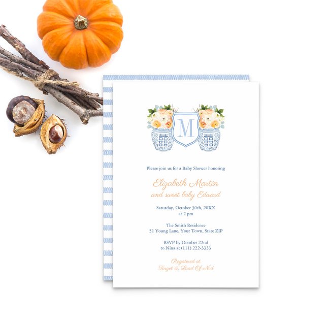 Invitación Elegante Escudo Monograma Cae Fiesta Baby Shower (Fall Floral Monogram Baby Boy Shower Invitation)
