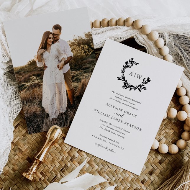 Invitación Elegante Escudo Monograma Foto Boda botánico (Subido por el creador)