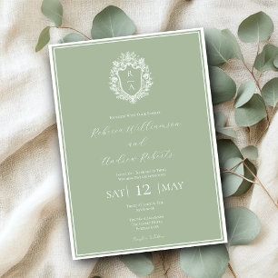 Invitación Elegante Escudo verde sabio Boda Monograma