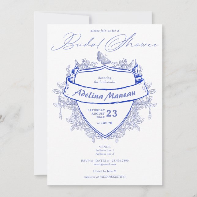 Invitación Elegante Escudo victoriano victoriano  Blue Bridal (Anverso)