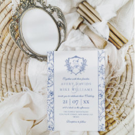 Invitación Elegante Escudo Vintage Dusty Blue Floral Boda