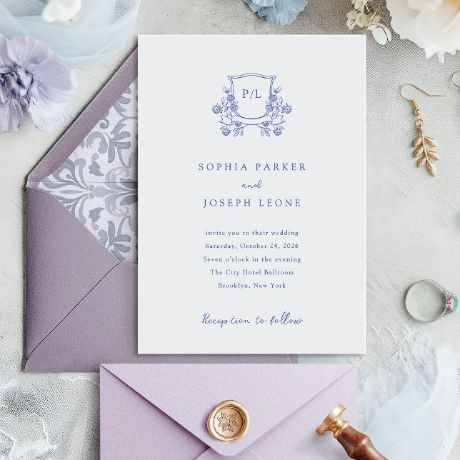 Invitación Elegante Escudo y Monograma Boda azul y blanco (Subido por el creador)