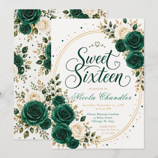 Invitación Elegante Esmeralda Cumple 16 (Anverso / Reverso)