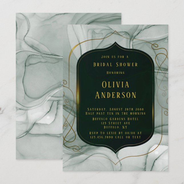 Invitación Elegante esmeralda verde marco dorado ducha de nov (Anverso / Reverso)