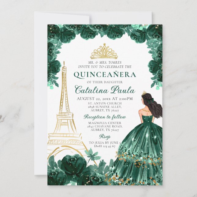 Invitación Elegante Esmeralda Verde Oro Tiara Paris Quinceañe (Anverso)