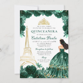 Invitación Elegante Esmeralda Verde Oro Tiara Paris Quinceañe