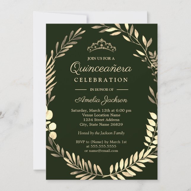 Invitación Elegante Esmeralda Verde Oro Wreath Quinceanera (Anverso)