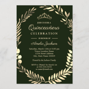 Invitación Elegante Esmeralda Verde Oro Wreath Quinceanera